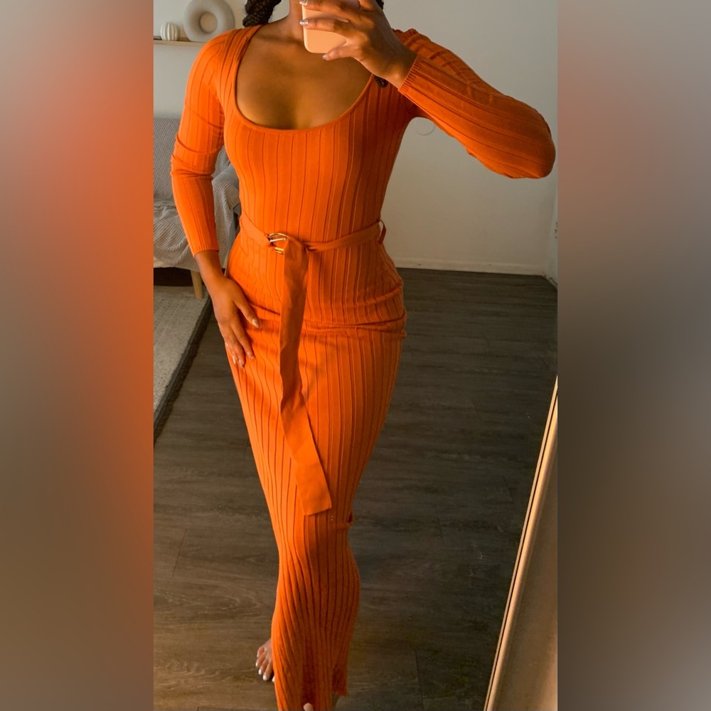 HERA collection long knit belted dress with high slit